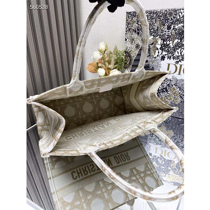 Dior Women CD Medium Dior Book Tote White Gold Macrocannage Embroidery