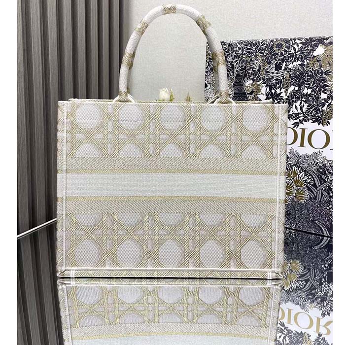 Dior Women CD Medium Dior Book Tote White Gold Macrocannage Embroidery