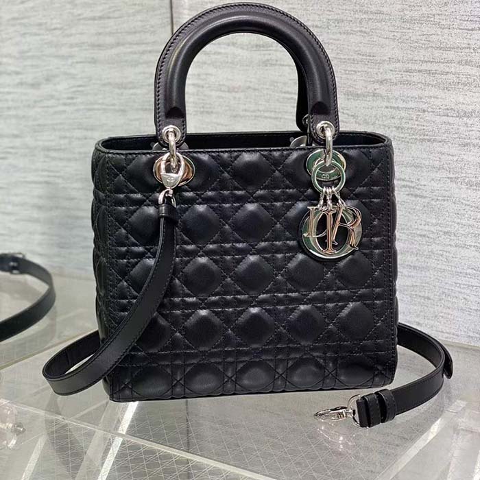 Dior Women CD Medium Lady Dior Bag Black Cannage Lambskin Silver