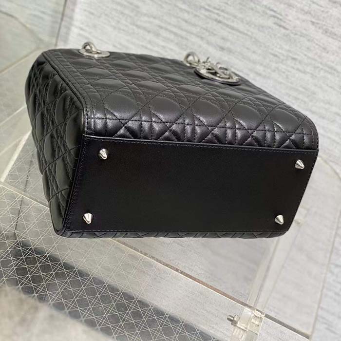 Dior Women CD Medium Lady Dior Bag Black Cannage Lambskin Silver
