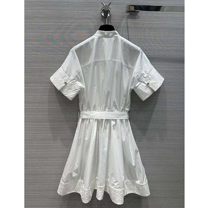 Dior Women CD Mid-Length Belted Macrocannage Dress Ecru Cotton