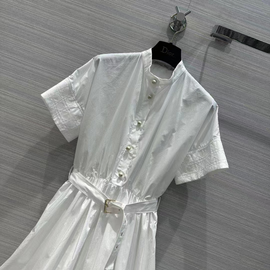 Dior Women CD Mid-Length Belted Macrocannage Dress Ecru Cotton