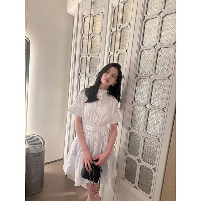 Dior Women CD Mid-Length Belted Macrocannage Dress Ecru Cotton