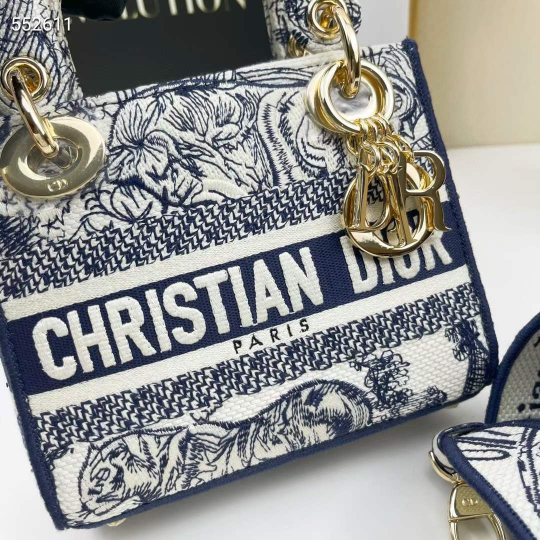 Dior Women CD Mini Lady D-Lite Bag White Navy Toile De Jouy Embroidery