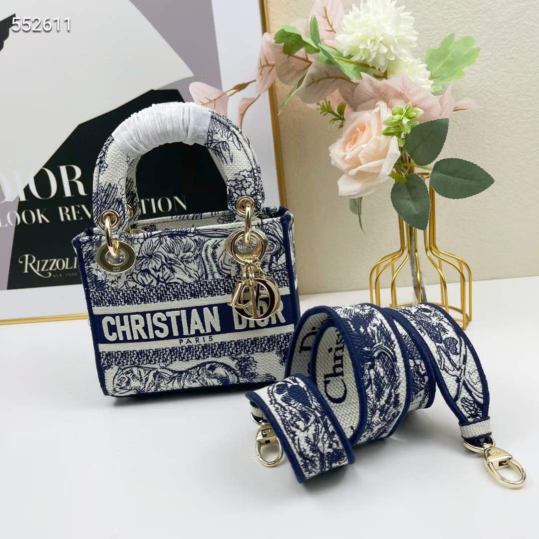 Dior Women CD Mini Lady D-Lite Bag White Navy Toile De Jouy Embroidery