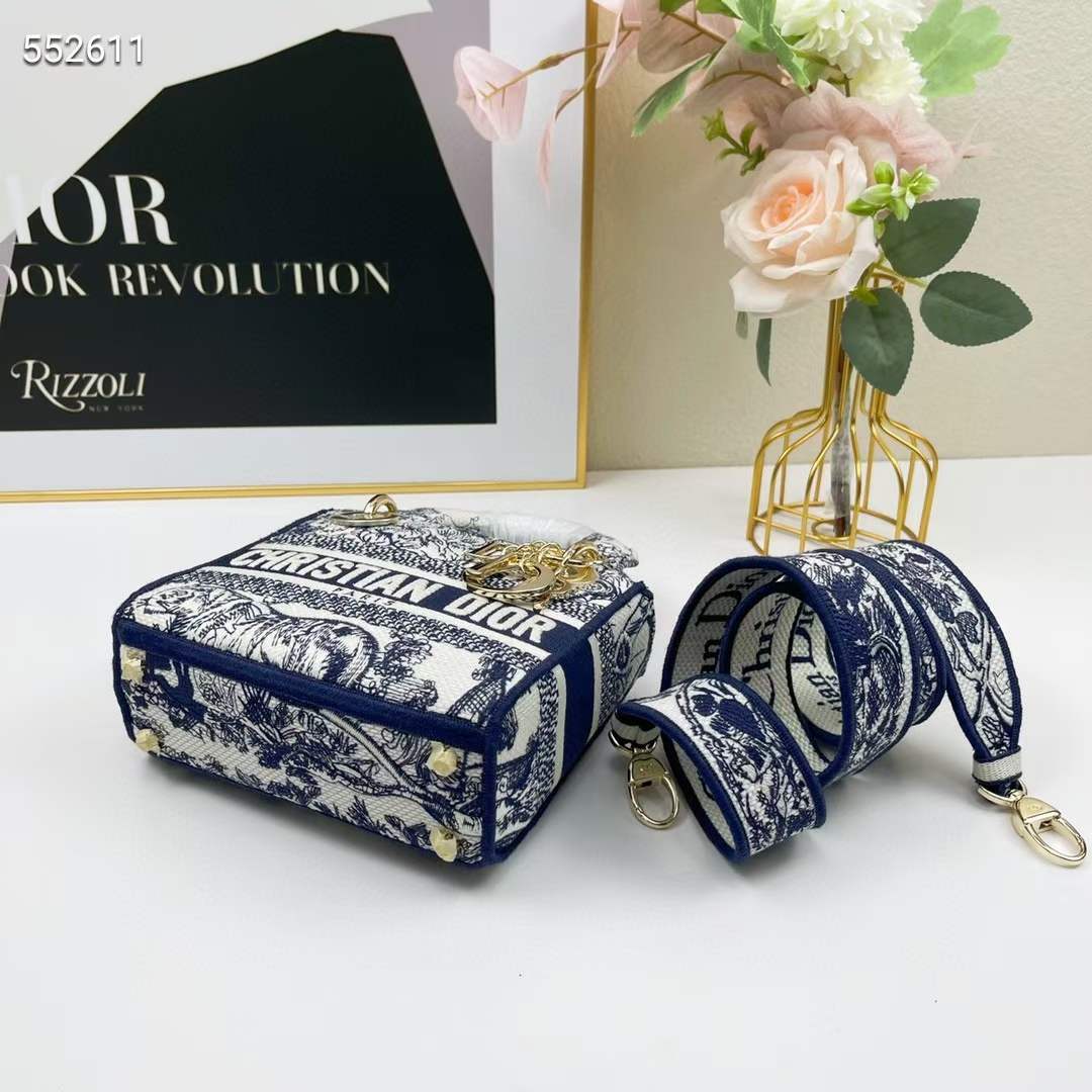 Dior Women CD Mini Lady D-Lite Bag White Navy Toile De Jouy Embroidery