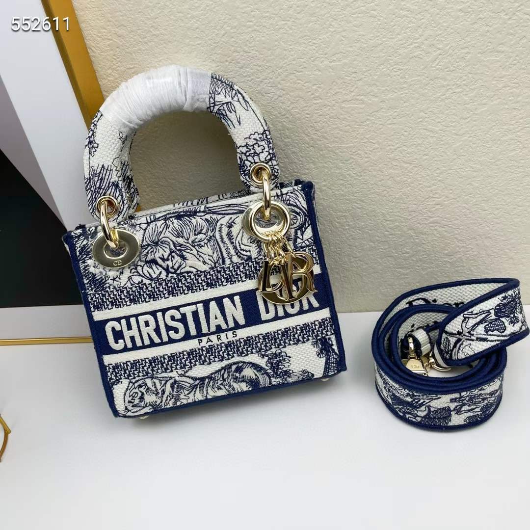 Dior Women CD Mini Lady D-Lite Bag White Navy Toile De Jouy Embroidery