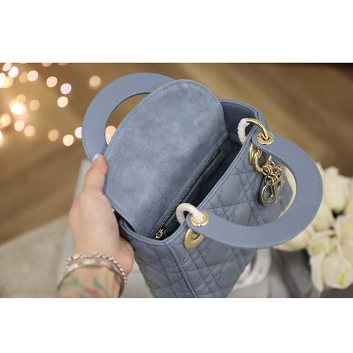 Dior Women CD Mini Lady Dior Bag Cloud Blue Cannage Lambskin