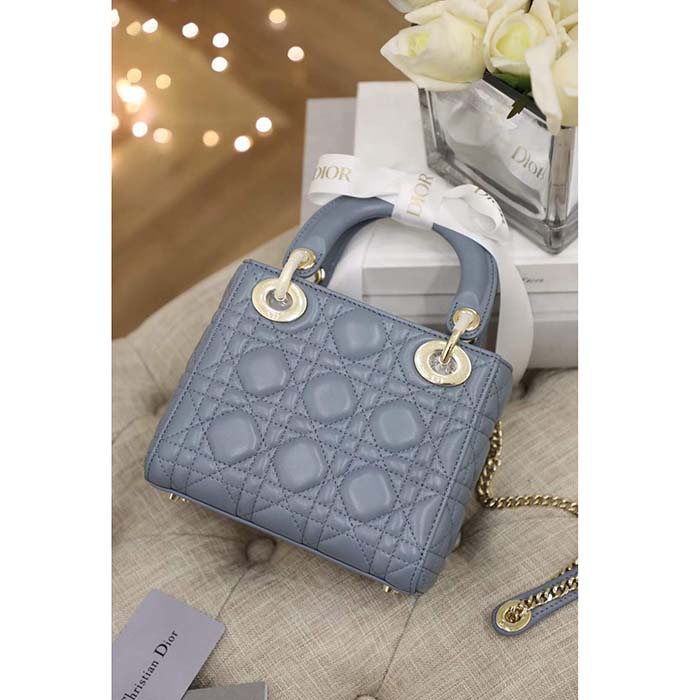 Dior Women CD Mini Lady Dior Bag Cloud Blue Cannage Lambskin