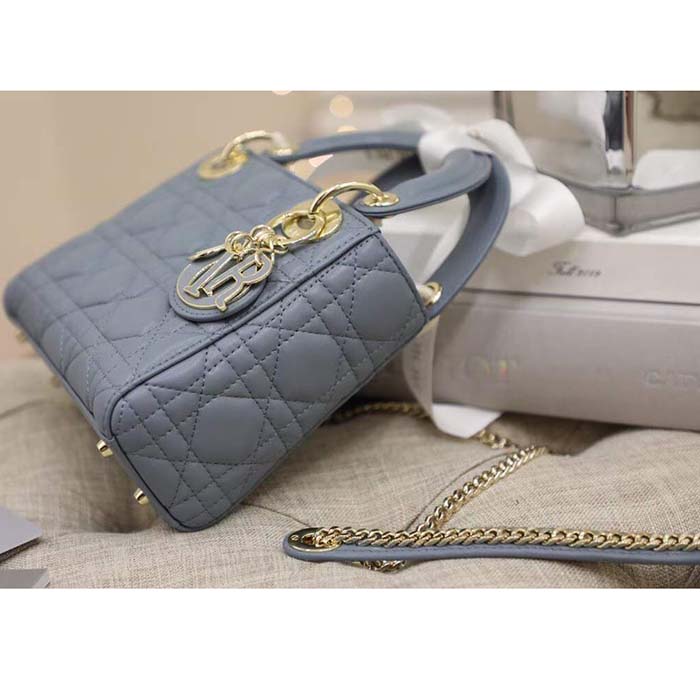 Dior Women CD Mini Lady Dior Bag Cloud Blue Cannage Lambskin