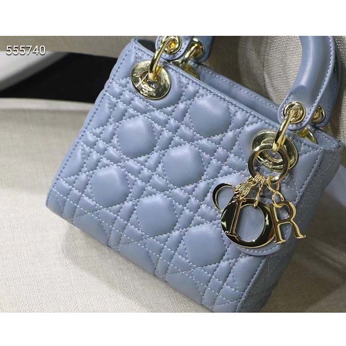 Dior Women CD Mini Lady Dior Bag Placid Blue Cannage Lambskin