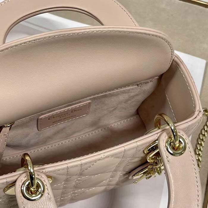 Dior Women CD Mini Lady Dior Bag Powder Pink Cannage Lambskin
