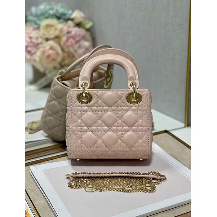 Dior Women CD Mini Lady Dior Bag Powder Pink Cannage Lambskin