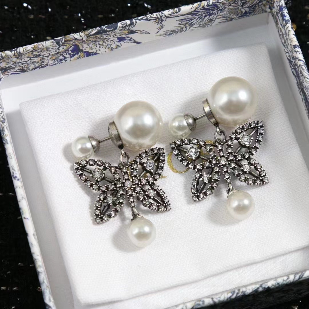 Dior Women CD Papillon De Nuit Earrings Antique Silver Metal Pearls