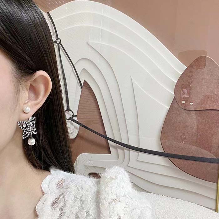 Dior Women CD Papillon De Nuit Earrings Antique Silver Metal Pearls