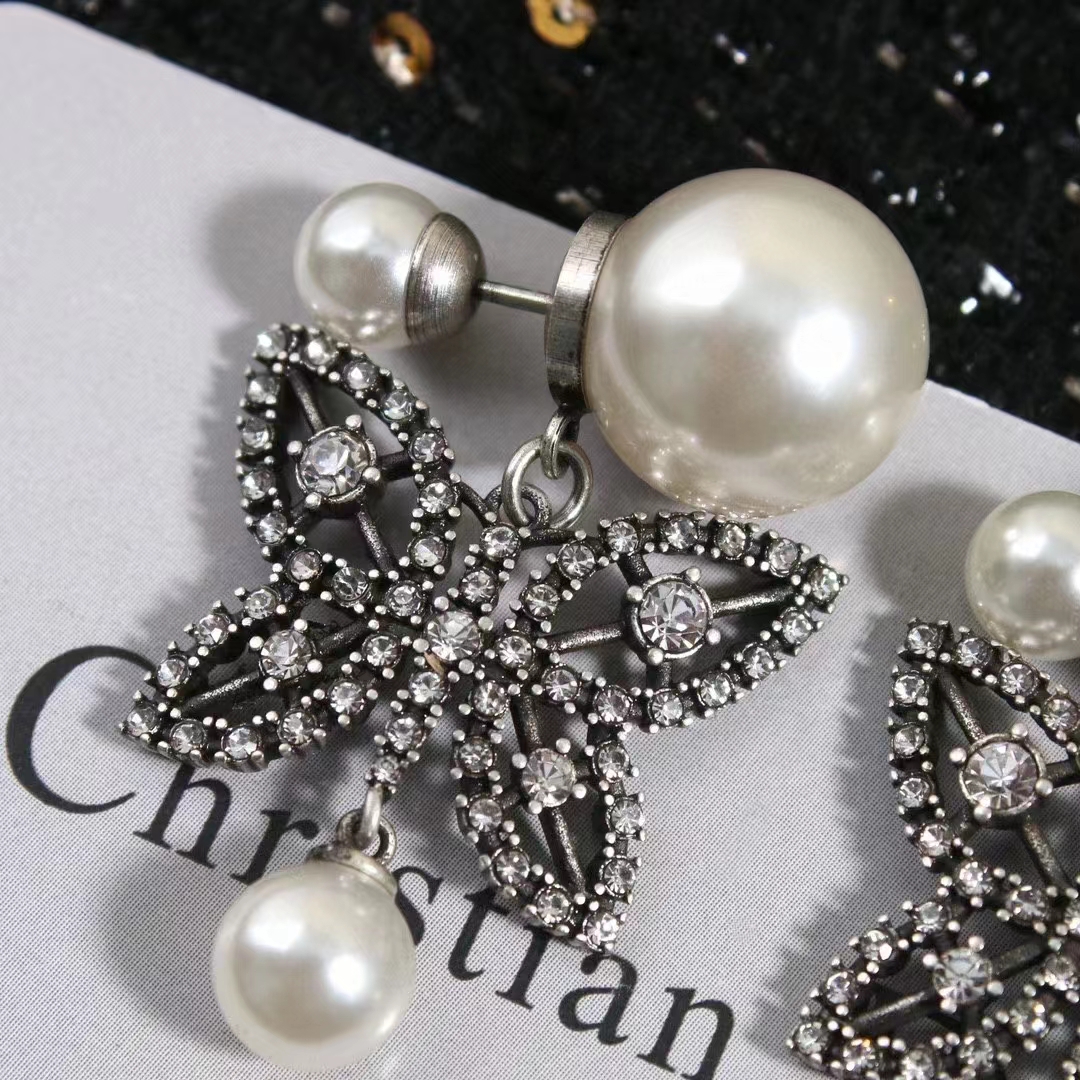 Dior Women CD Papillon De Nuit Earrings Antique Silver Metal Pearls