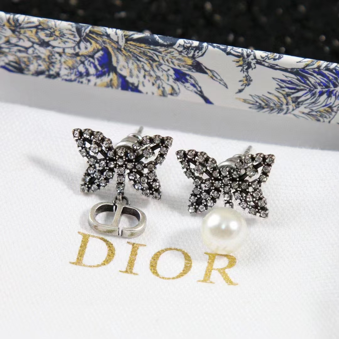 Dior Women CD Papillon De Nuit Earrings Silver Metal Pearls