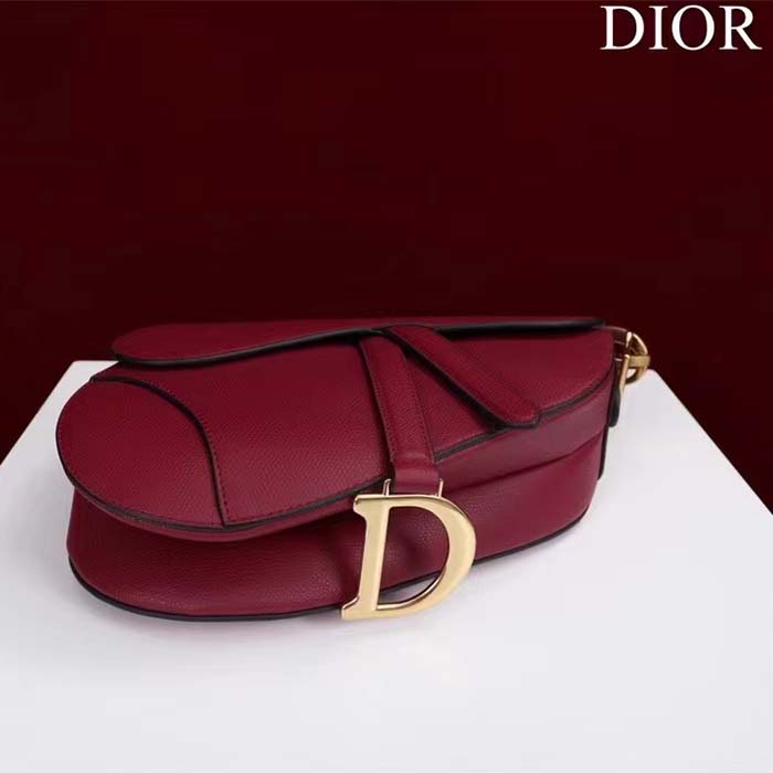 Dior Women CD Saddle Bag Strap Amaryllis Red Grained Calfskin