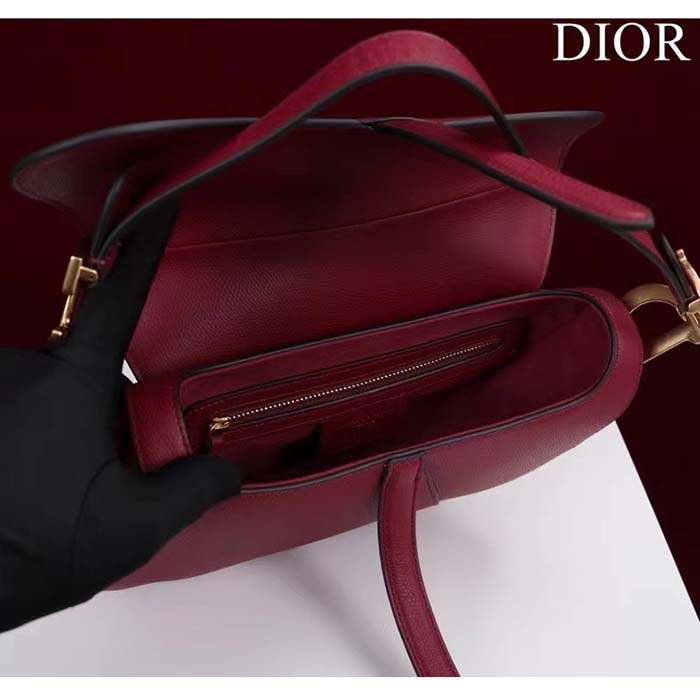 Dior Women CD Saddle Bag Strap Amaryllis Red Grained Calfskin