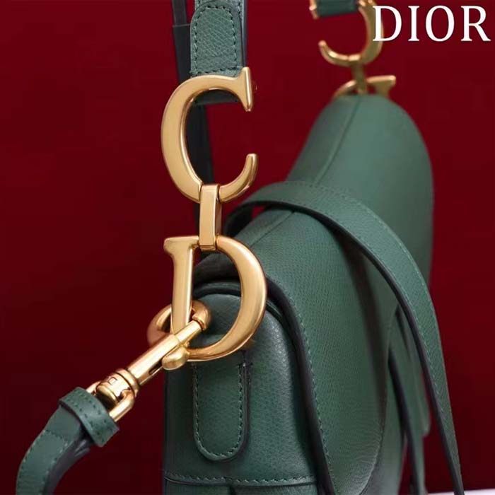 Dior Women CD Saddle Bag Strap Pine Green Grained Calfskin