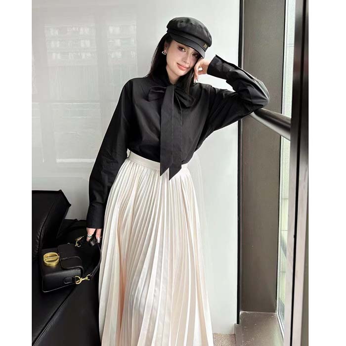 Dior Women CD Shirt Bow Collar Black Cotton Silk Poplin