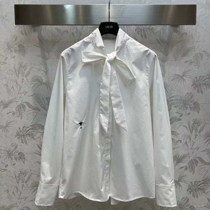 Dior Women CD Shirt Bow Collar White Cotton Silk Poplin