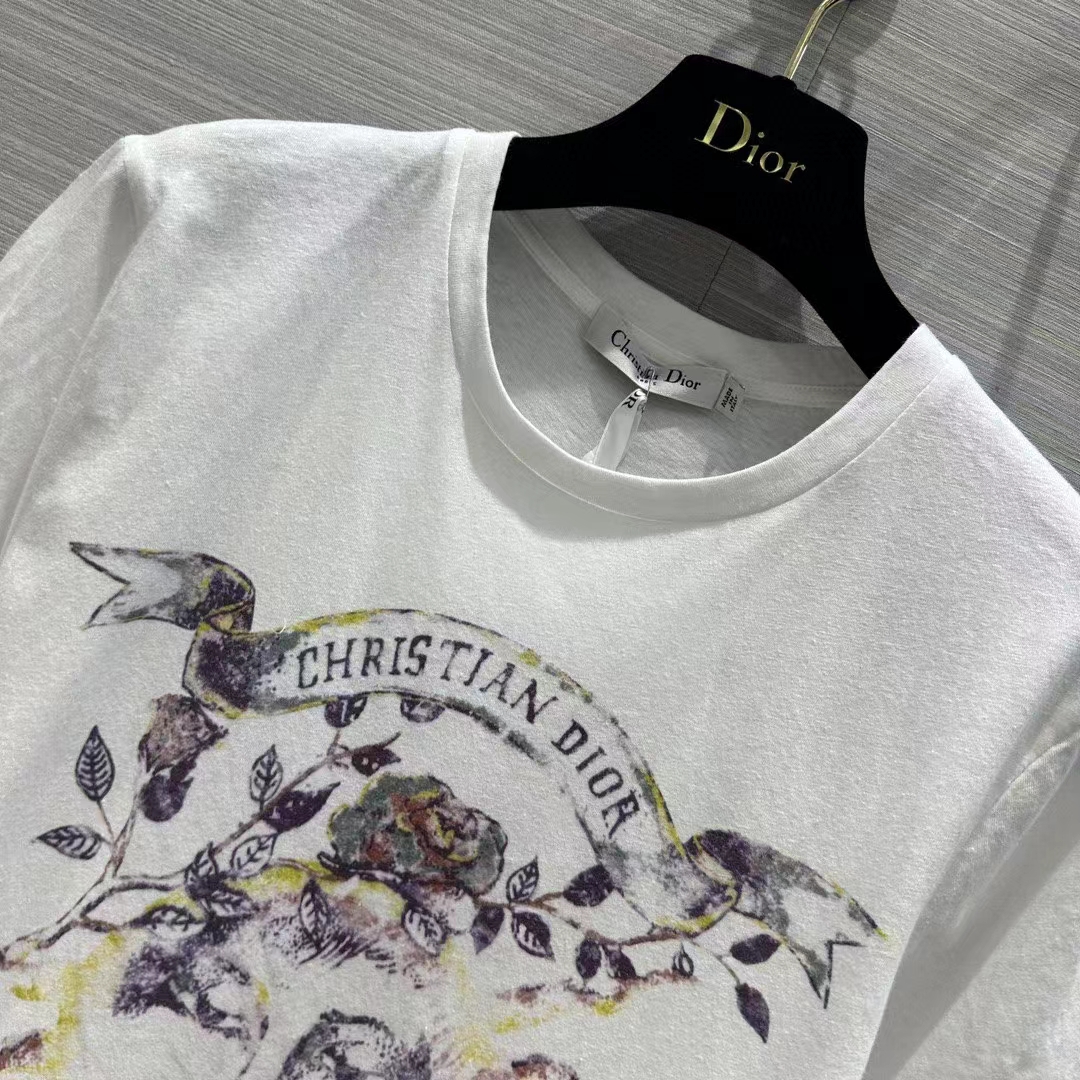 Dior Women CD T-Shirt White Stonewashed Cotton Linen Jersey
