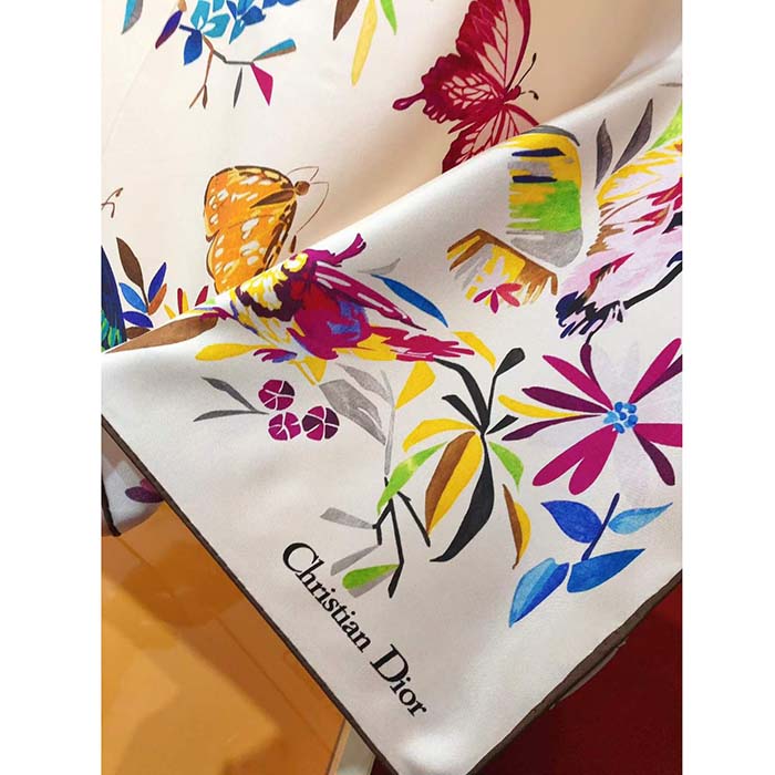 Dior Women CD Toile De Jouy Fantastica 90 Square Scarf White Multicolor Silk Twill