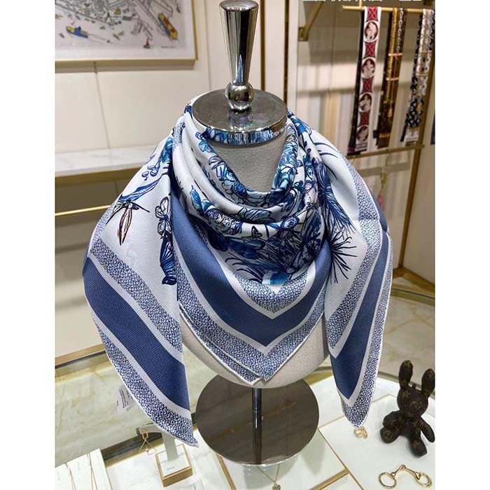 Dior Women CD Toile De Jouy Mexico 90 Square Scarf Blue Silk Twill