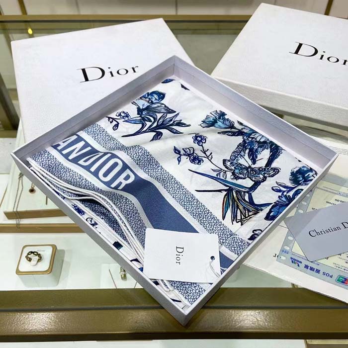 Dior Women CD Toile De Jouy Mexico 90 Square Scarf Blue Silk Twill