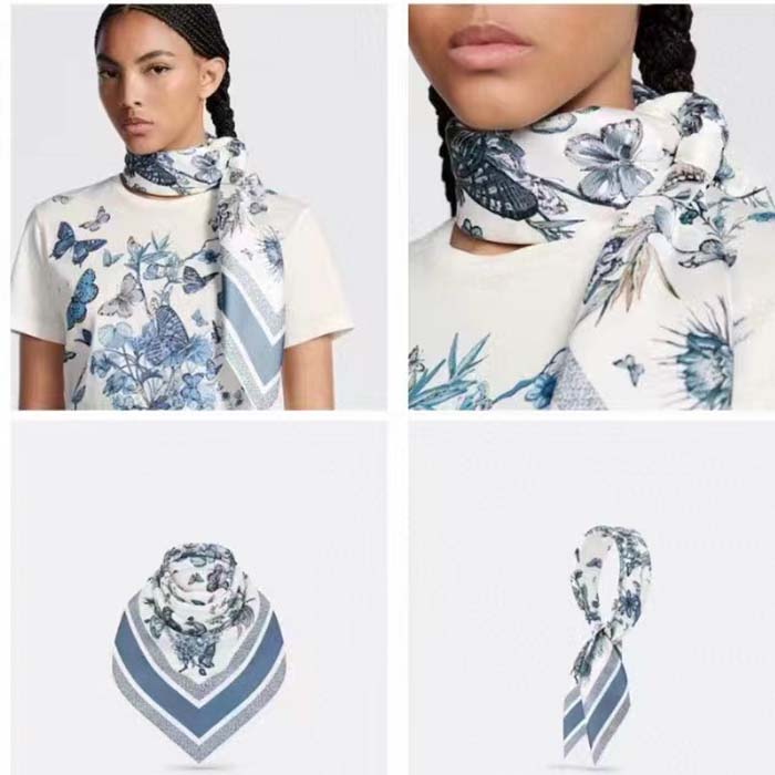 Dior Women CD Toile De Jouy Mexico 90 Square Scarf Blue Silk Twill