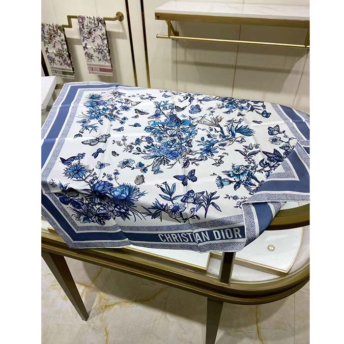 Dior Women CD Toile De Jouy Mexico 90 Square Scarf Blue Silk Twill