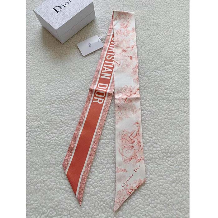 Dior Women CD Toile De Jouy Sauvage Mitzah Scarf Ivory Pink Silk Twill