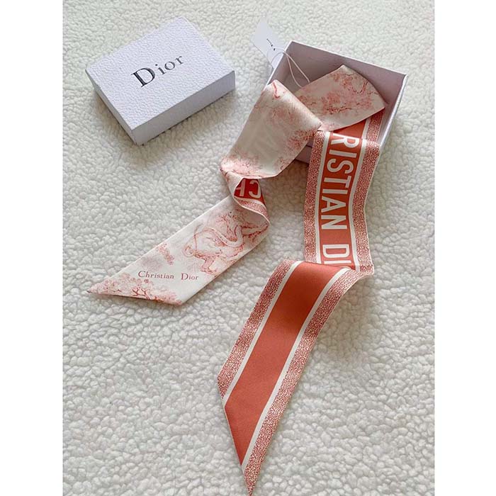Dior Women CD Toile De Jouy Sauvage Mitzah Scarf Ivory Pink Silk Twill