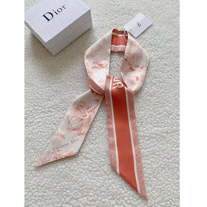 Dior Women CD Toile De Jouy Sauvage Mitzah Scarf Ivory Pink Silk Twill