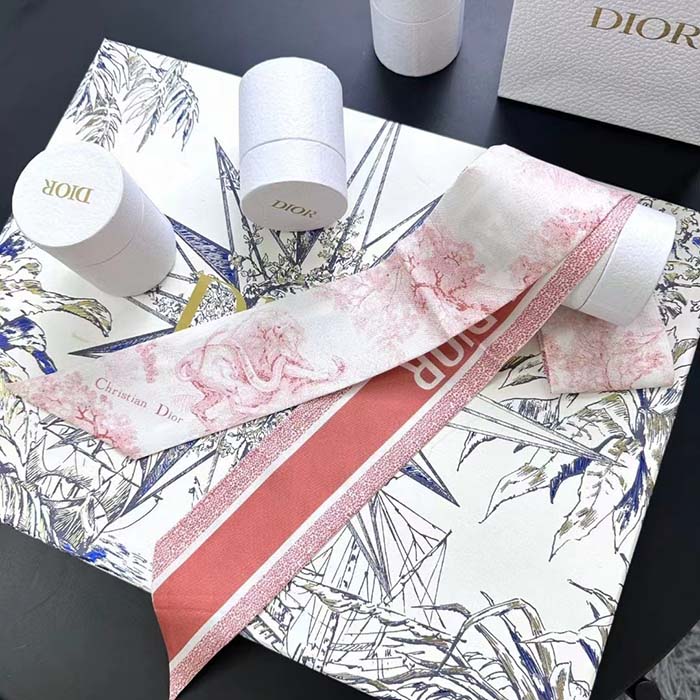 Dior Women CD Toile De Jouy Sauvage Mitzah Scarf Ivory Pink Silk Twill