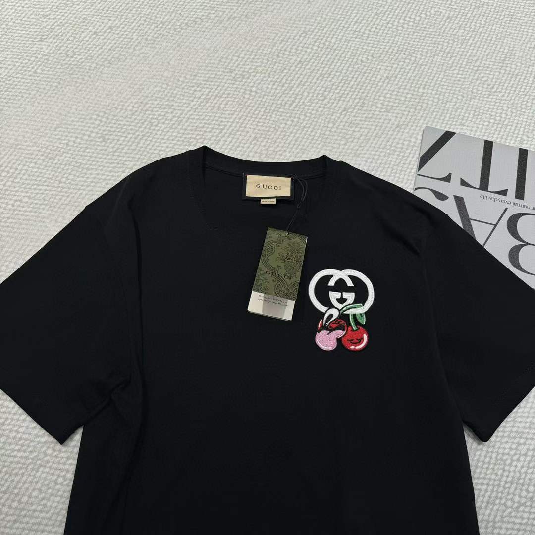 G*u*i gg women cotton jersey t-shirt patch black crewneck short sleeves