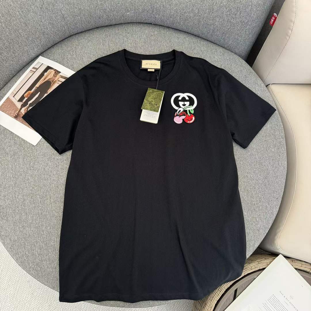 G*u*i gg women cotton jersey t-shirt patch black crewneck short sleeves