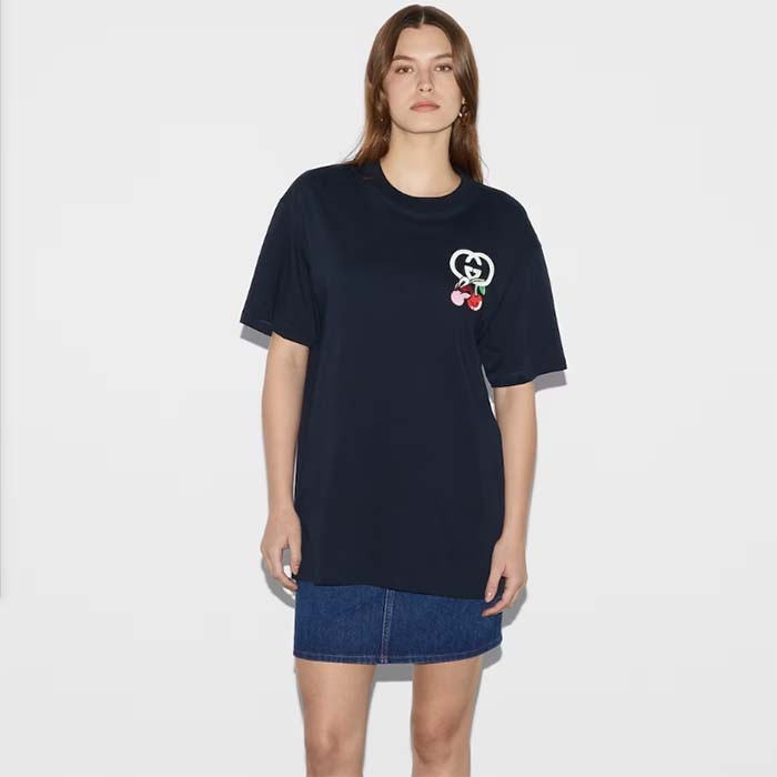 G*u*i gg women cotton jersey t-shirt patch black crewneck short sleeves