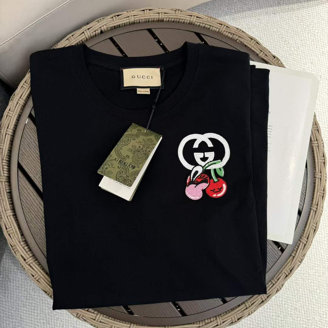 G*u*i gg women cotton jersey t-shirt patch black crewneck short sleeves