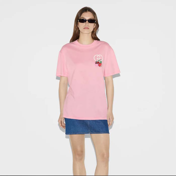 G*u*i gg women cotton jersey t-shirt patch pink crewneck short sleeves