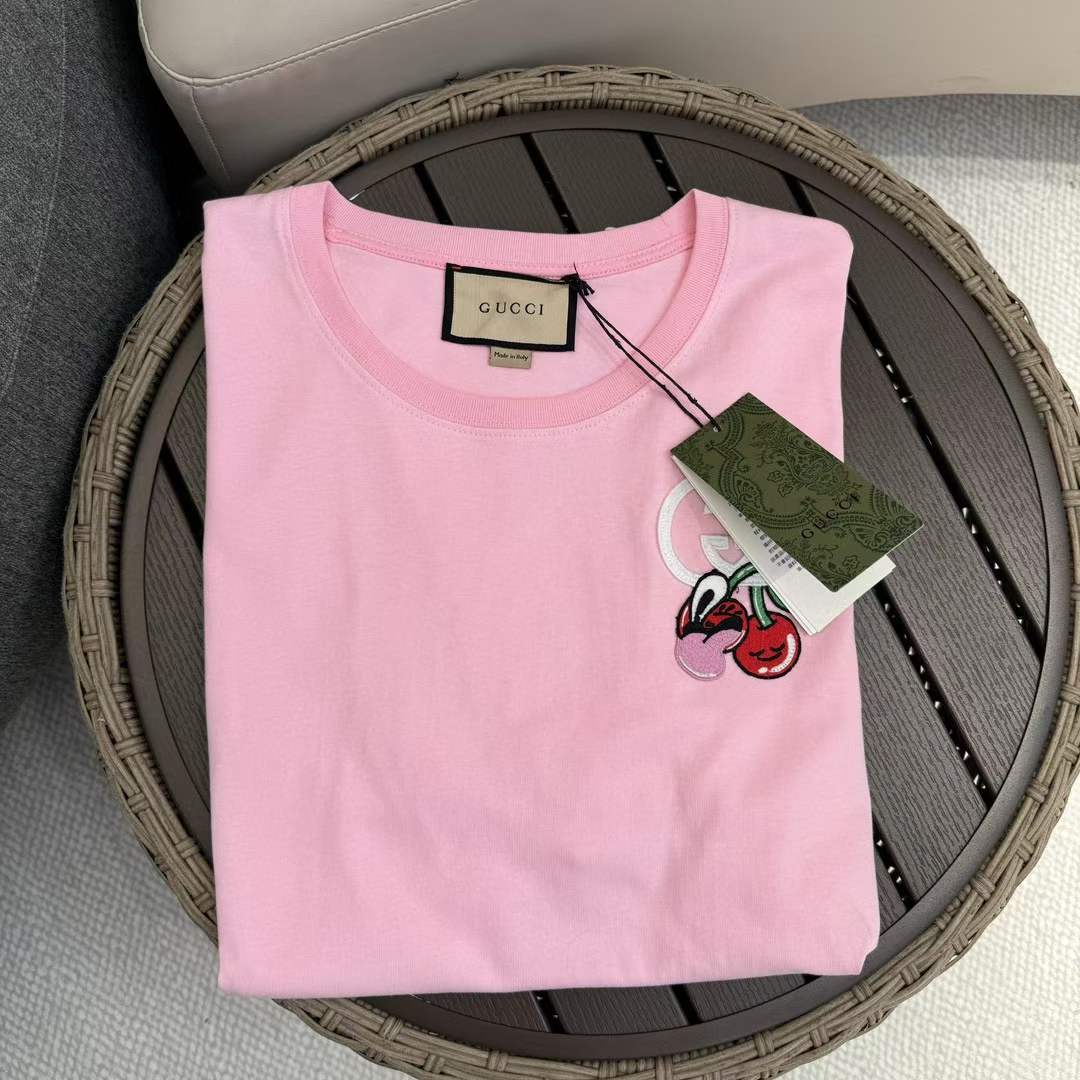 G*u*i gg women cotton jersey t-shirt patch pink crewneck short sleeves