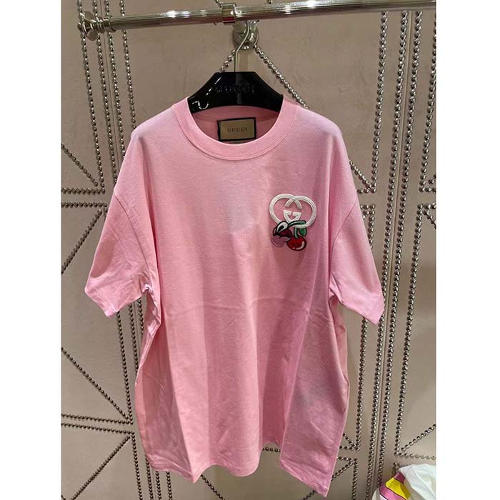 G*u*i gg women cotton jersey t-shirt patch pink crewneck short sleeves