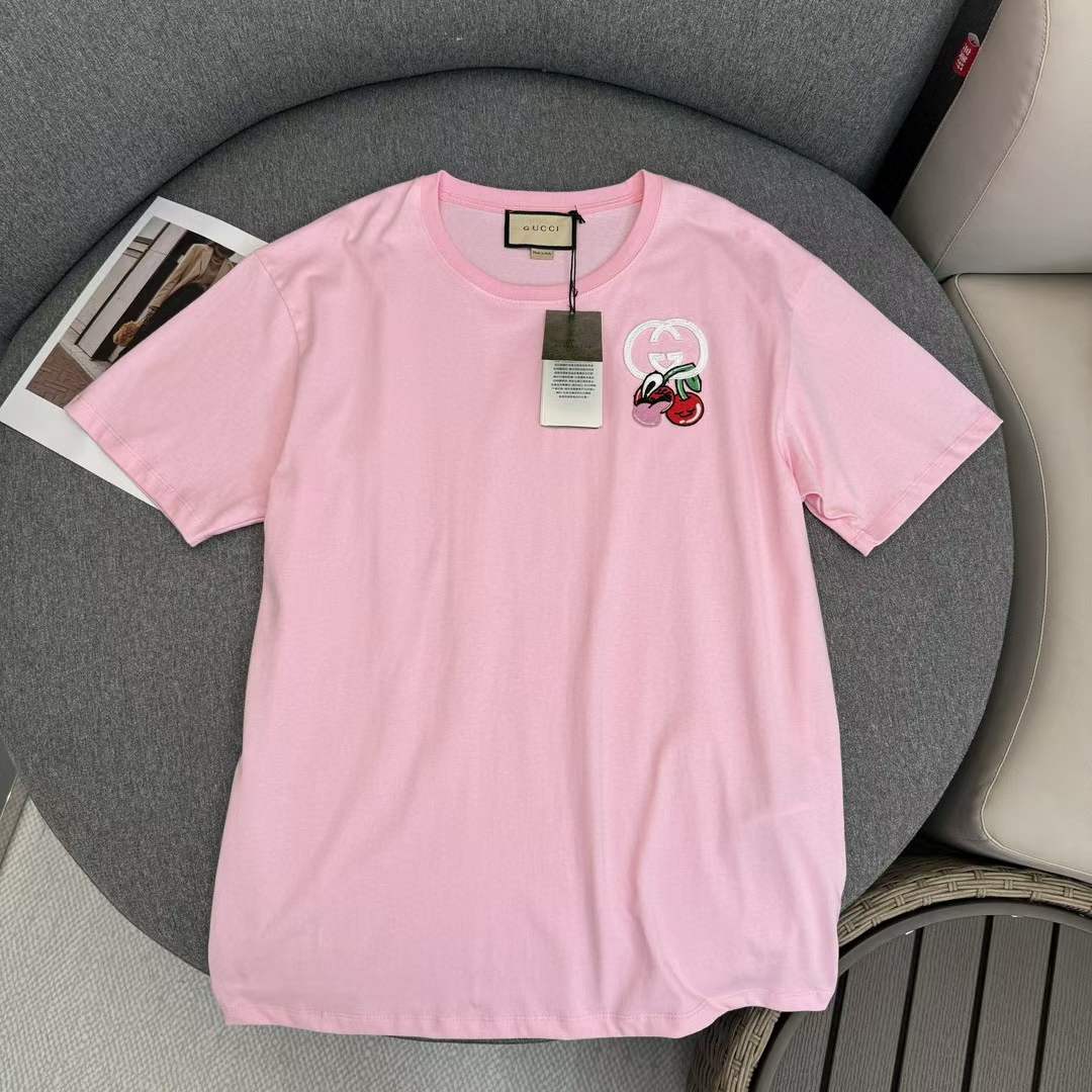 G*u*i gg women cotton jersey t-shirt patch pink crewneck short sleeves