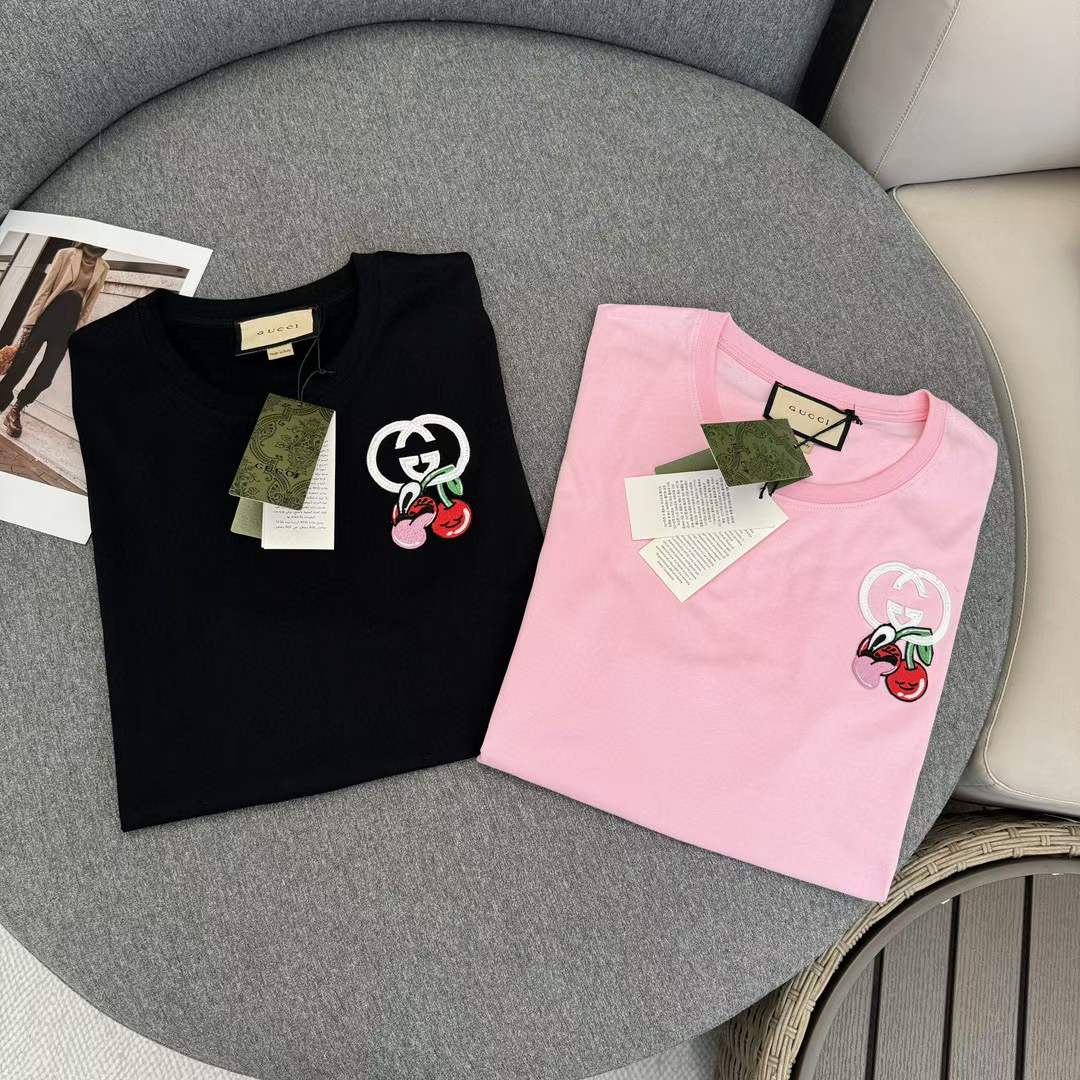 G*u*i gg women cotton jersey t-shirt patch pink crewneck short sleeves