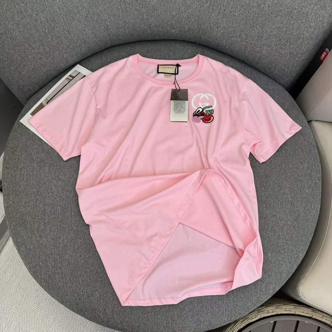 G*u*i gg women cotton jersey t-shirt patch pink crewneck short sleeves