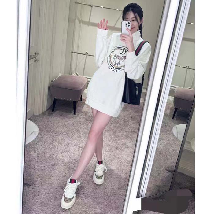 G*u*i gg women jersey sweatshirt embroidery white cotton turtleneck dropped shoulder