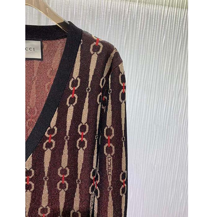 G*u*i gg women lamé horsebit jacquard cardigan brown v-neck