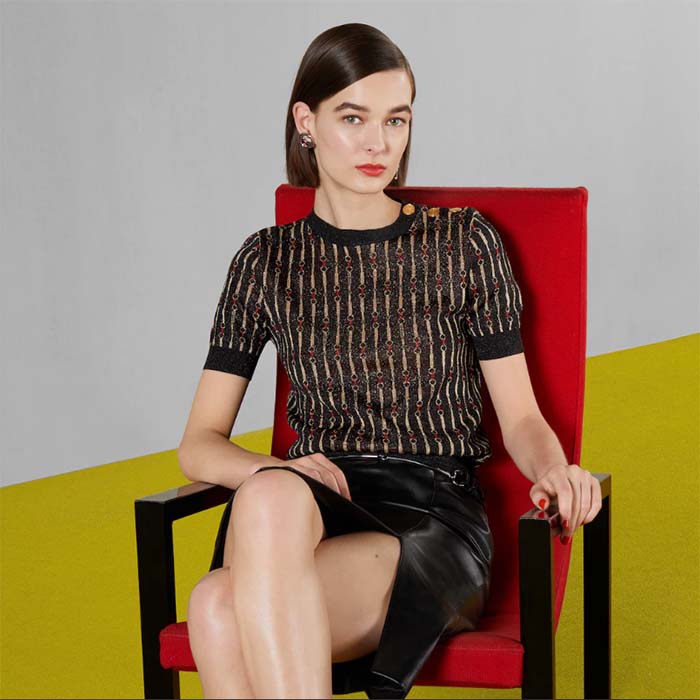 G*u*i gg women lamé horsebit viscose jacquard top crewneck short sleeves