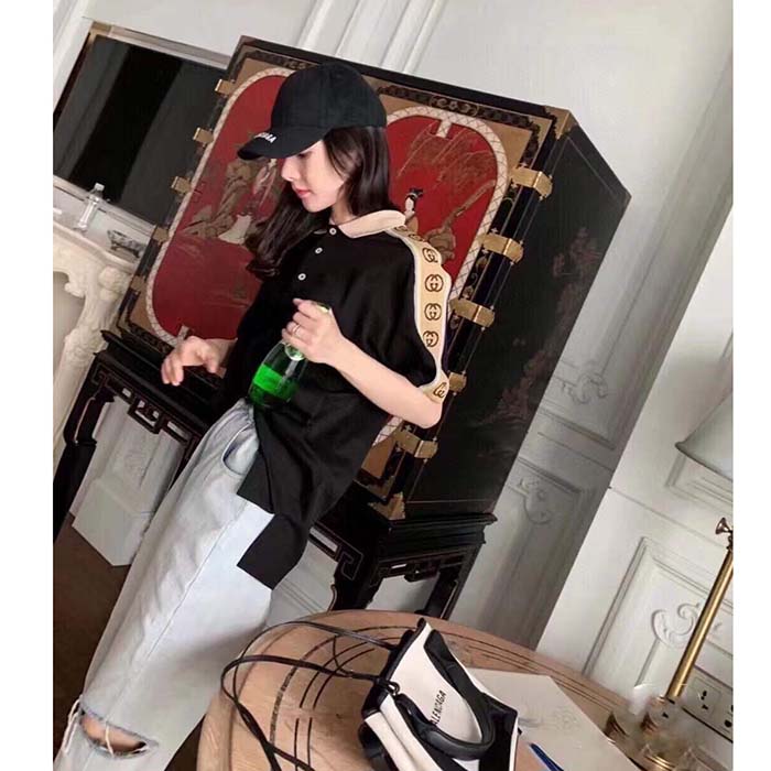 G*u*i gg women polo with interlocking g stripe black cotton